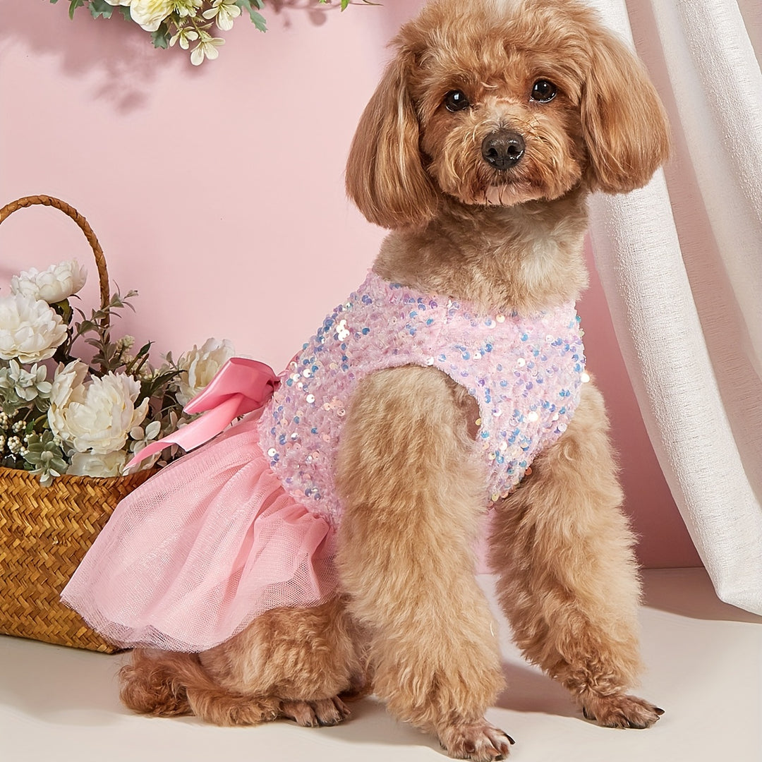 Sparkle and Shine: 1pc Pet Sleeveless Sequin Bow Mesh Dress for Your Furry Friend's Special Occasion! - PetDocile
