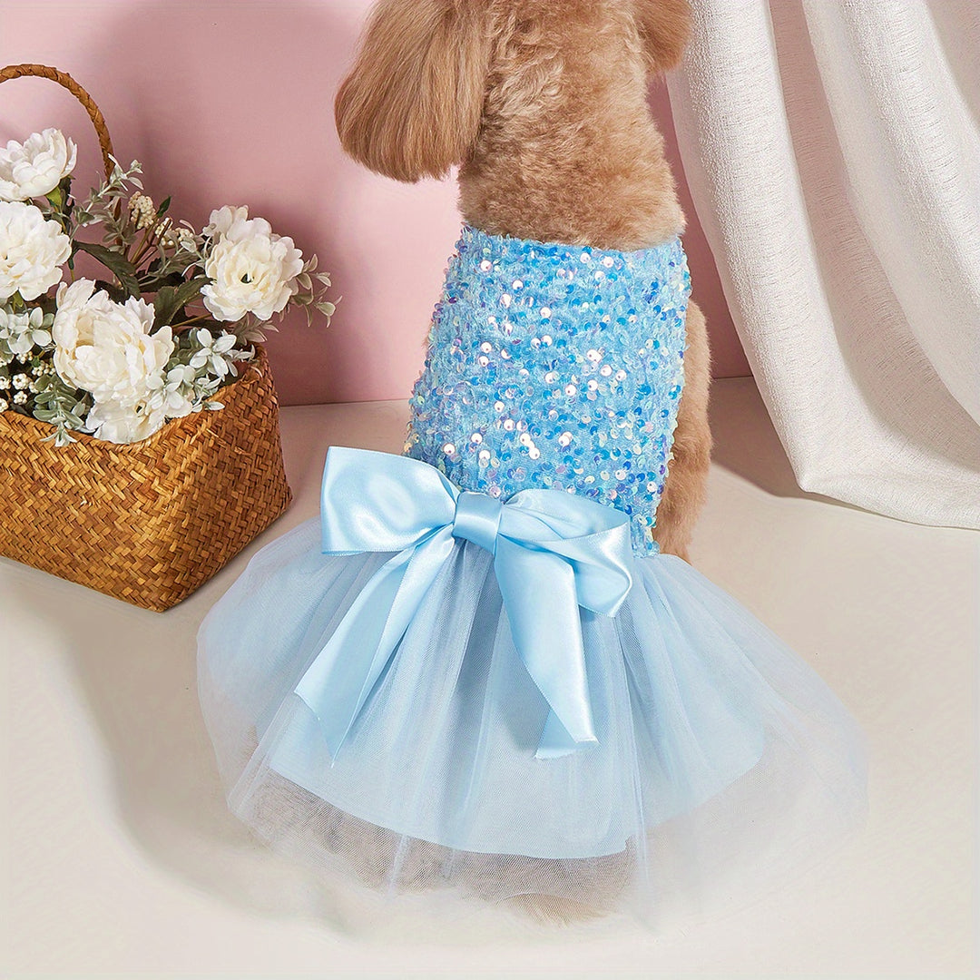Sparkle and Shine: 1pc Pet Sleeveless Sequin Bow Mesh Dress for Your Furry Friend's Special Occasion! - PetDocile